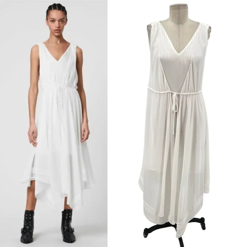 AllSaints Celeste Dress Midi Maxi Sleeveless Handkerchief Hem White Size US 2